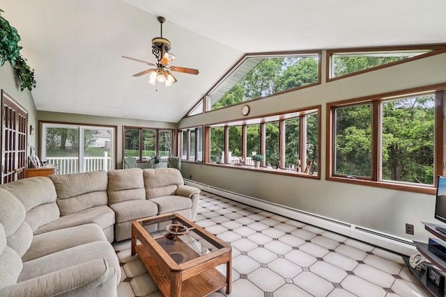 26 Crown Hill Rd, Wappingers Falls, NY 12590 - living room featuring a ceiling fan, a baseboard heating unit, and high vaulted ceiling