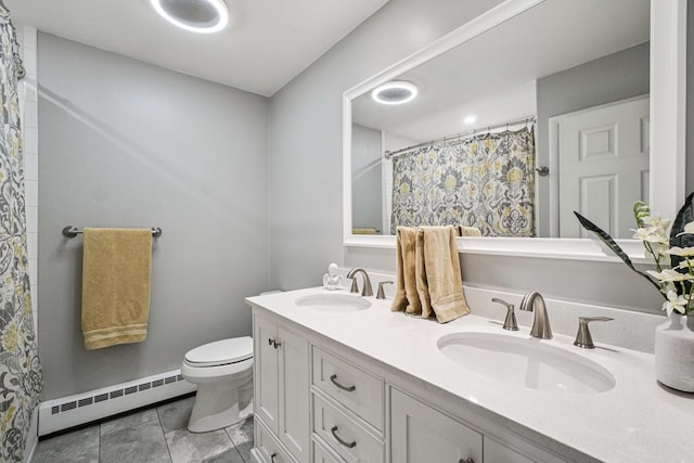 26 Crown Hill Rd, Wappingers Falls, NY 12590 - full bathroom with a baseboard heating unit, double vanity, tile patterned floors, and curtained shower
