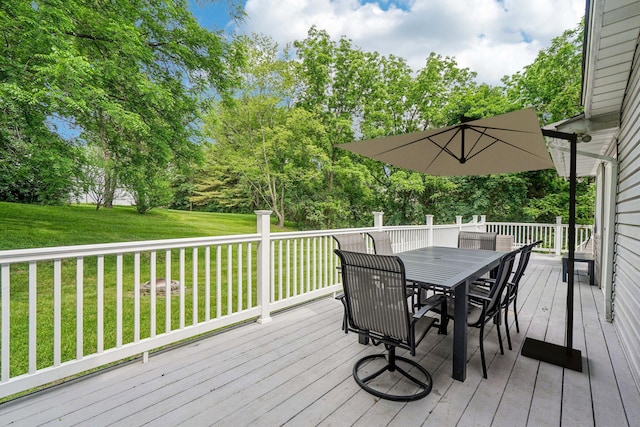 26 Crown Hill Rd, Wappingers Falls, NY 12590 - wooden terrace featuring outdoor dining area, a lawn, and view of wooded area
