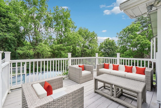 26 Crown Hill Rd, Wappingers Falls, NY 12590 - wooden deck with an outdoor living space and view of wooded area