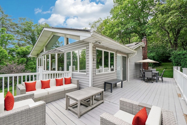 26 Crown Hill Rd, Wappingers Falls, NY 12590 - wooden deck featuring outdoor dining area, outdoor lounge area, and a sunroom