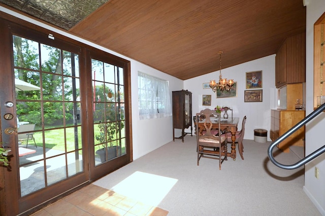 1318 Brooklyn Blvd, Bay Shore, NY 11706 - carpeted dining room featuring a chandelier, lofted ceiling, and wood ceiling