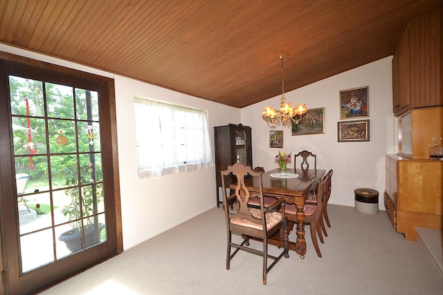1318 Brooklyn Blvd, Bay Shore, NY 11706 - dining room featuring lofted ceiling, a chandelier, healthy amount of natural light, wood ceiling, and light carpet