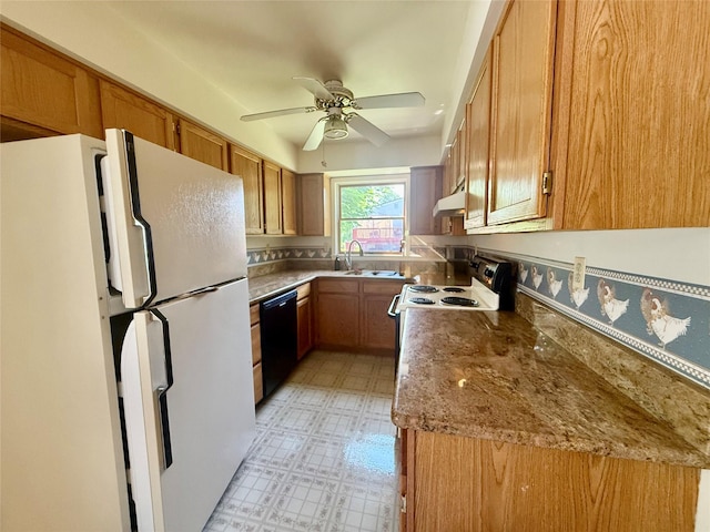 281 Union Ave, New Windsor, NY 12553 - kitchen with white appliances, a sink, brown cabinetry, ceiling fan, and light floors