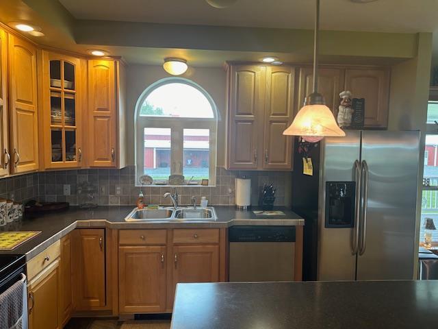 6452 State Route 52, Lake Huntington, NY 12752 - kitchen featuring appliances with stainless steel finishes, glass insert cabinets, decorative backsplash, and dark countertops