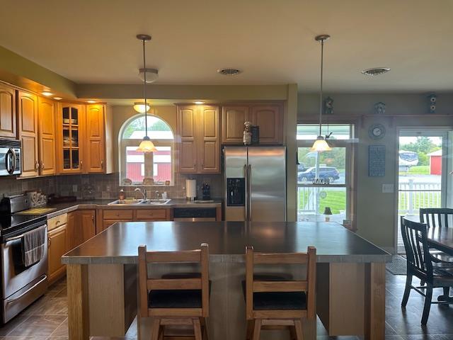 6452 State Route 52, Lake Huntington, NY 12752 - kitchen featuring stainless steel appliances, glass insert cabinets, decorative backsplash, and a kitchen island