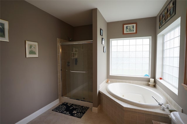 6452 State Route 52, Lake Huntington, NY 12752 - full bathroom with a jetted tub, a shower stall, tile patterned floors, and plenty of natural light