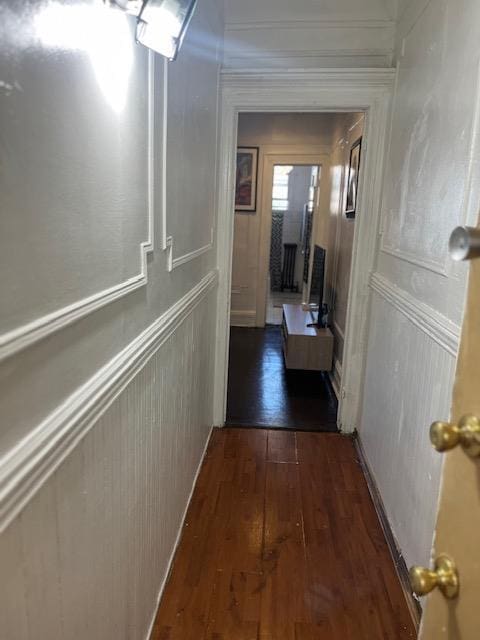 5436 Nurge Ave, Maspeth, NY 11378 - hall with a decorative wall, dark wood-style floors, and ornamental molding