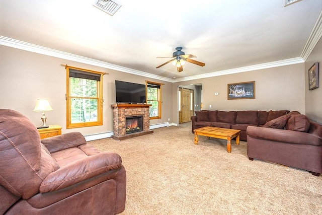 2 Joseph St, West Haverstraw, NY 10993 - living area with a baseboard heating unit, carpet, ornamental molding, ceiling fan, and a stone fireplace