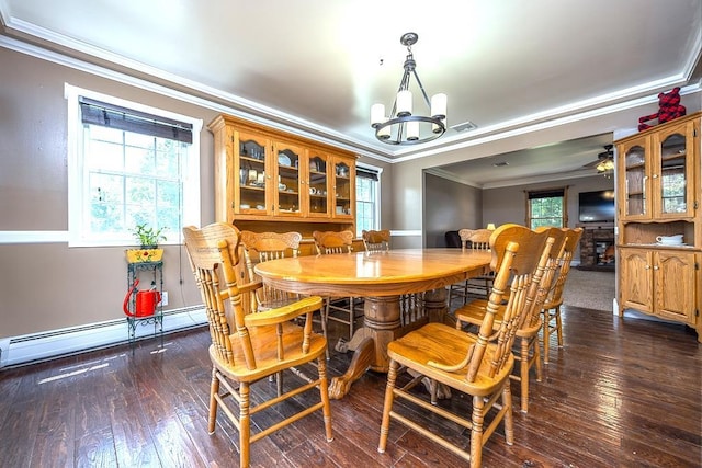 2 Joseph St, West Haverstraw, NY 10993 - dining space featuring crown molding, a chandelier, dark wood-type flooring, and baseboard heating