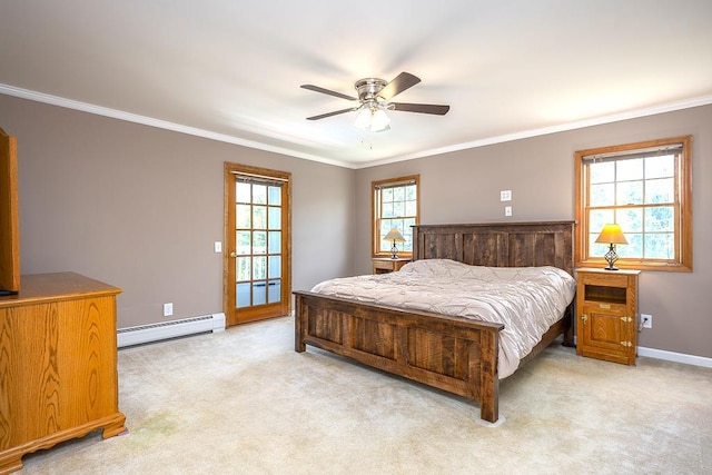 2 Joseph St, West Haverstraw, NY 10993 - bedroom featuring a baseboard heating unit, baseboards, crown molding, light carpet, and ceiling fan