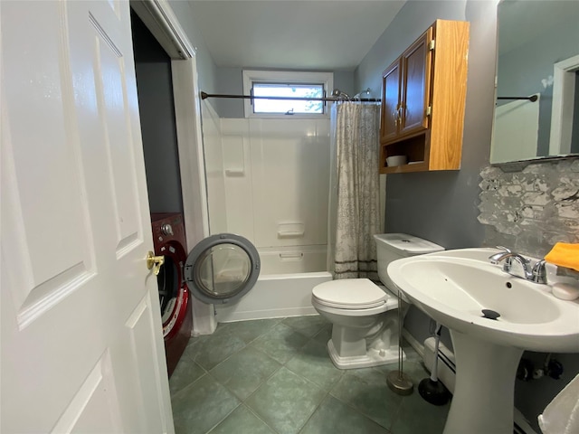 74 Old Farm Rd, Levittown, NY 11756 - full bath with toilet, backsplash, shower / bath combo, and tile patterned floors