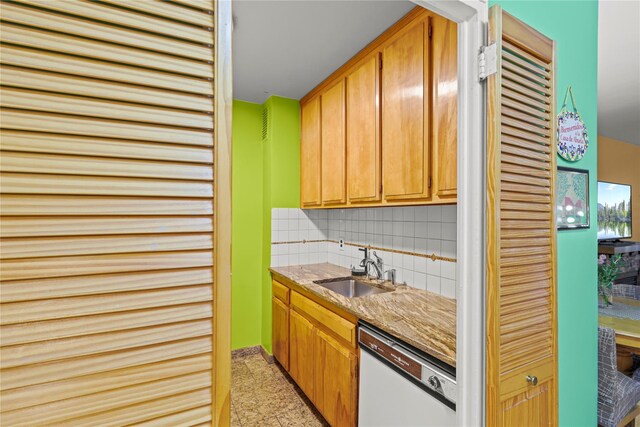 230 Garth Rd Unit 1A1, Scarsdale, NY 10583 - kitchen featuring white dishwasher, a sink, granite floors, and backsplash