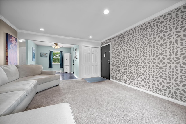 1548 Rte 9 Unit 7C, Wappingers Falls, NY 12590 - carpeted living area with ornamental molding, recessed lighting, a baseboard radiator, ceiling fan, and wallpapered walls