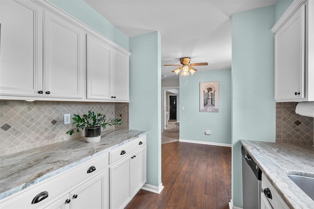 1548 Rte 9 Unit 7C, Wappingers Falls, NY 12590 - kitchen featuring a ceiling fan, dark wood finished floors, tasteful backsplash, white cabinetry, and dishwasher
