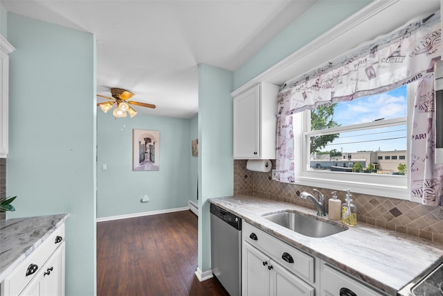 1548 Rte 9 Unit 7C, Wappingers Falls, NY 12590 - kitchen featuring dishwasher, decorative backsplash, dark wood finished floors, a ceiling fan, and white cabinets