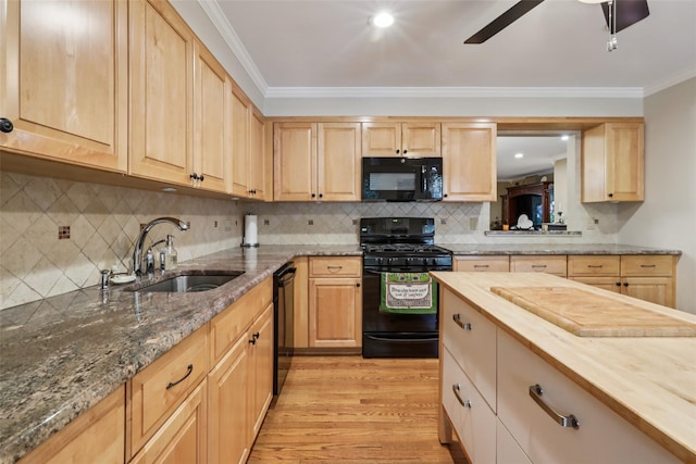 438 Genesee Ct, Suffern, NY 10901 - kitchen featuring black appliances, light brown cabinets, light wood-style flooring, crown molding, and ceiling fan