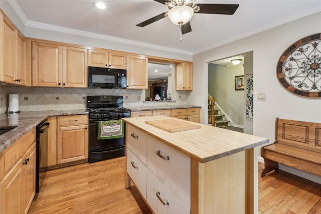 438 Genesee Ct, Suffern, NY 10901 - kitchen featuring black appliances, butcher block countertops, light wood-type flooring, light brown cabinetry, and backsplash