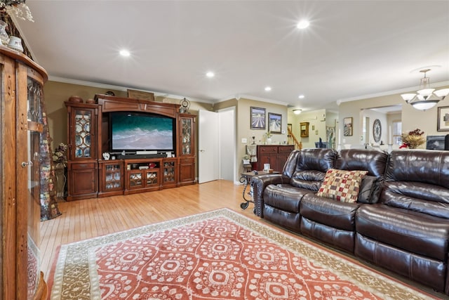 438 Genesee Ct, Suffern, NY 10901 - living room with wood-type flooring, ornamental molding, a chandelier, and recessed lighting