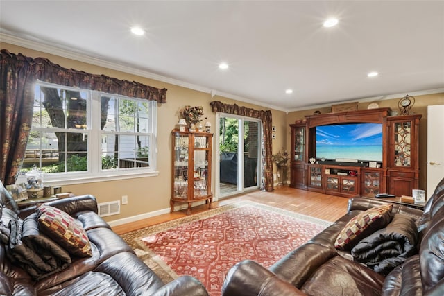 438 Genesee Ct, Suffern, NY 10901 - living area featuring wood finished floors, recessed lighting, and crown molding