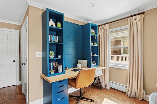 15707 22nd Ave, Whitestone, NY 11357 - office featuring light wood-type flooring, ornamental molding, a baseboard radiator, and baseboards