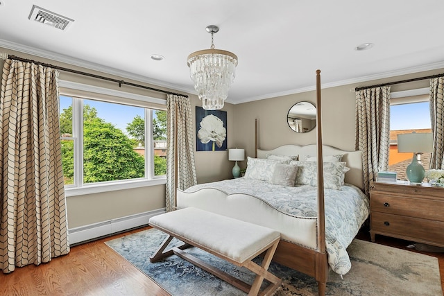 15707 22nd Ave, Whitestone, NY 11357 - bedroom featuring ornamental molding, a chandelier, wood finished floors, a baseboard heating unit, and baseboards