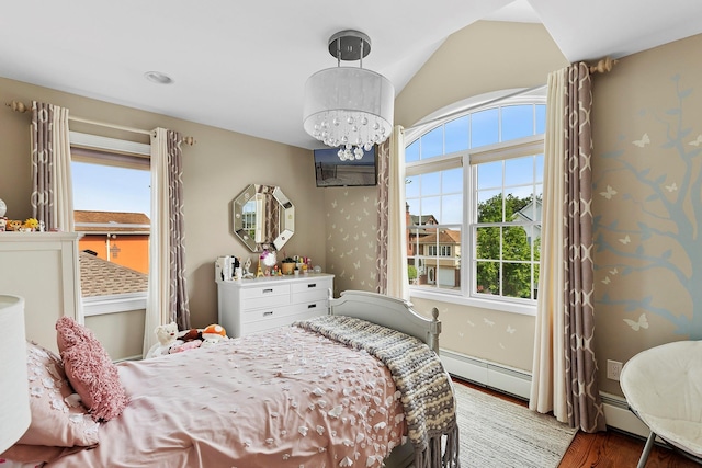 15707 22nd Ave, Whitestone, NY 11357 - bedroom featuring multiple windows, wood finished floors, a chandelier, baseboard heating, and vaulted ceiling