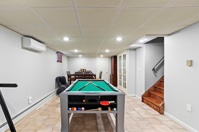 15707 22nd Ave, Whitestone, NY 11357 - rec room featuring an AC wall unit, billiards table, baseboard heating, a paneled ceiling, and recessed lighting