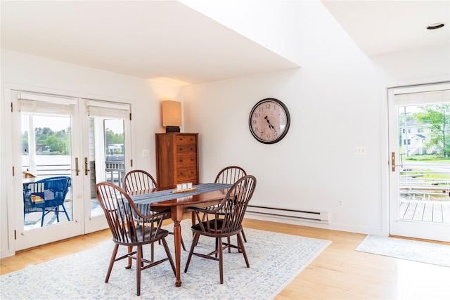 13 W Shore Rd, Kauneonga Lake, NY 12749 - dining room featuring a baseboard radiator, light wood finished floors, and french doors