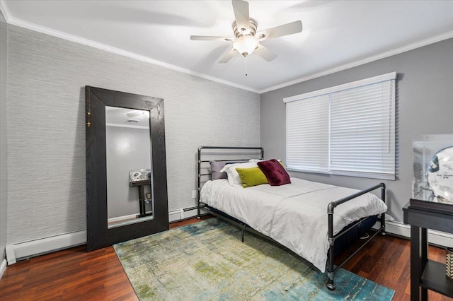 105 Shoreham Way, Merrick, NY 11566 - bedroom with crown molding, wood finished floors, a baseboard heating unit, ceiling fan, and baseboards