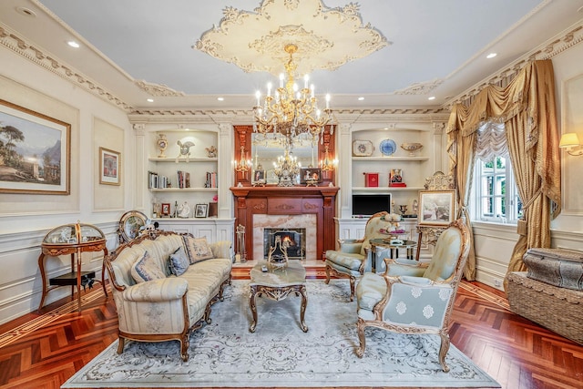 16136 90th St, Howard Beach, NY 11414 - living area with a chandelier, built in features, a high end fireplace, a decorative wall, and crown molding