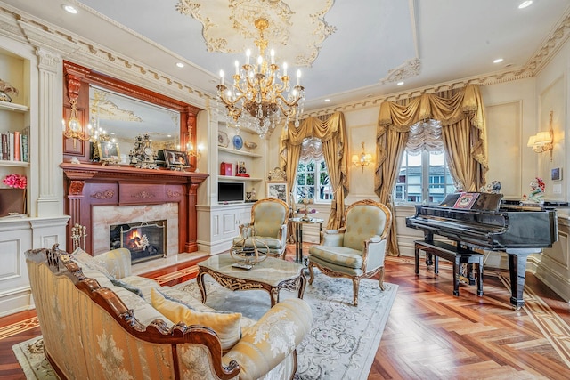 16136 90th St, Howard Beach, NY 11414 - living room with built in features, crown molding, a chandelier, a premium fireplace, and recessed lighting