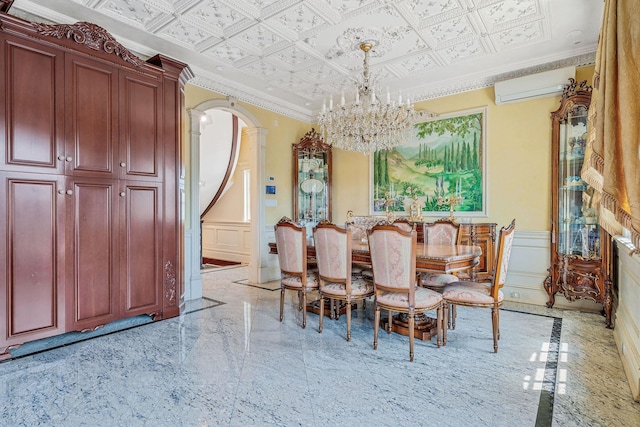 16136 90th St, Howard Beach, NY 11414 - dining space featuring arched walkways, a decorative wall, a chandelier, an ornate ceiling, and an AC wall unit