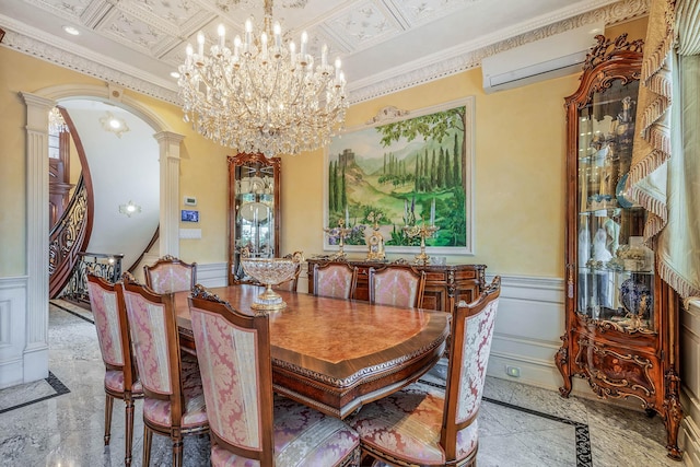 16136 90th St, Howard Beach, NY 11414 - dining space featuring inlaid floor details, a wall mounted air conditioner, a wainscoted wall, arched walkways, and decorative columns