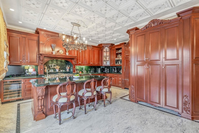 16136 90th St, Howard Beach, NY 11414 - kitchen featuring wine cooler, backsplash, an ornate ceiling, recessed lighting, and glass insert cabinets