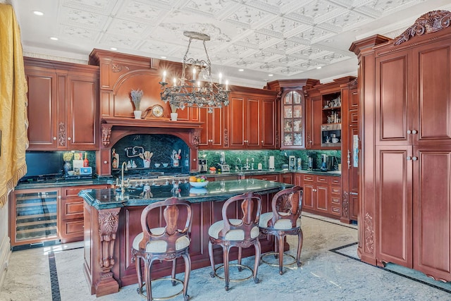 16136 90th St, Howard Beach, NY 11414 - kitchen with inlaid floor details, beverage cooler, recessed lighting, an ornate ceiling, and backsplash