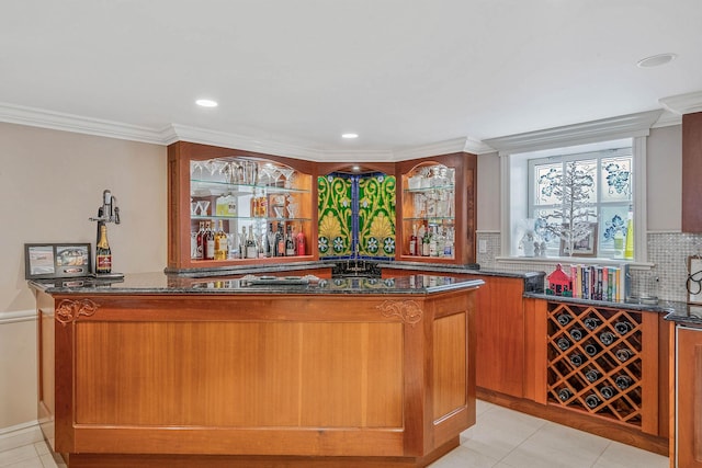 16136 90th St, Howard Beach, NY 11414 - indoor dry bar with tasteful backsplash, ornamental molding, light tile patterned floors, and recessed lighting