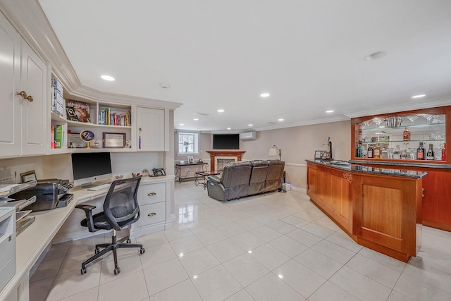 16136 90th St, Howard Beach, NY 11414 - office with built in study area, recessed lighting, ornamental molding, a fireplace, and light tile patterned floors