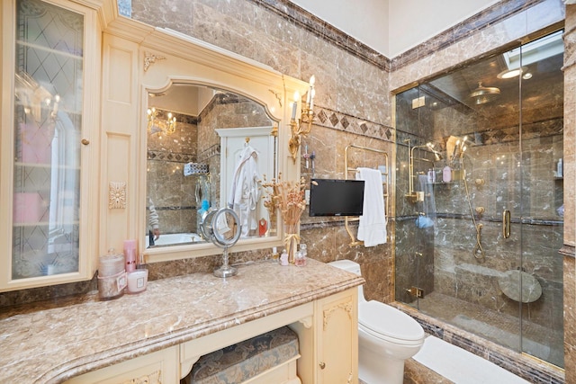 16136 90th St, Howard Beach, NY 11414 - full bath with vanity, a stall shower, toilet, and tile walls