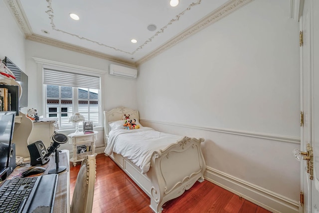 16136 90th St, Howard Beach, NY 11414 - bedroom with a wall mounted AC, ornamental molding, wood finished floors, baseboards, and recessed lighting