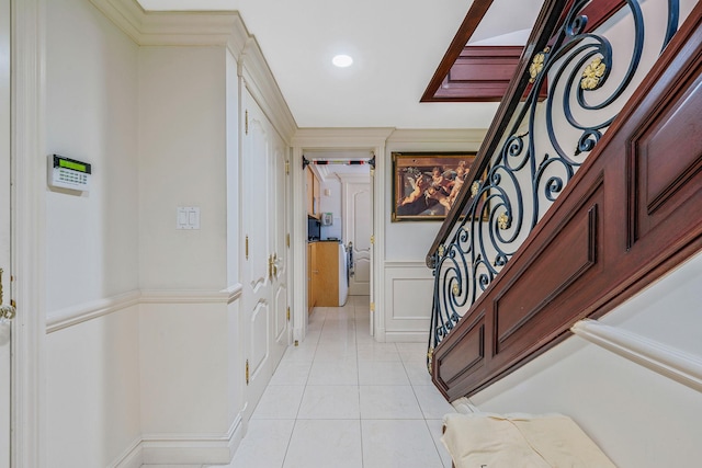 16136 90th St, Howard Beach, NY 11414 - foyer featuring stairs, light tile patterned floors, and wainscoting