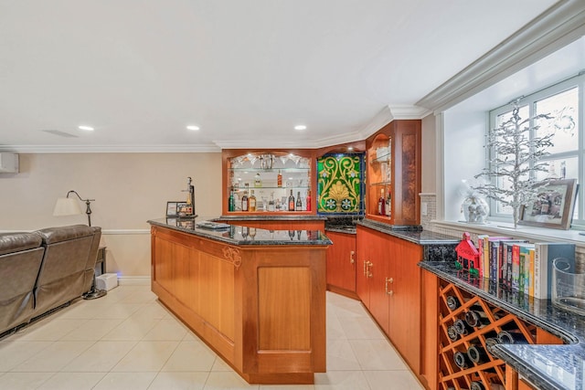 16136 90th St, Howard Beach, NY 11414 - indoor dry bar with recessed lighting, light tile patterned floors, ornamental molding, and baseboards