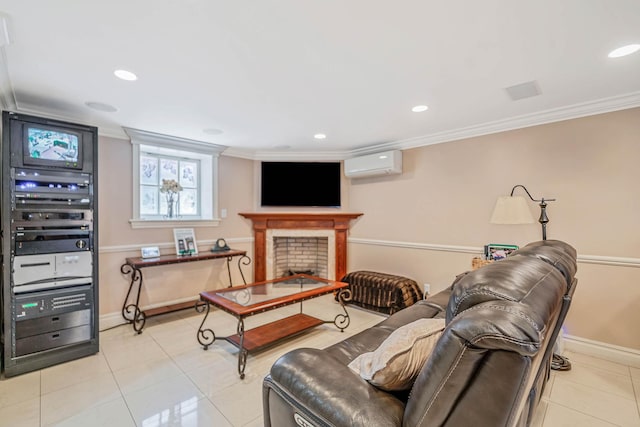 16136 90th St, Howard Beach, NY 11414 - living room featuring a wall mounted AC, crown molding, baseboards, light tile patterned floors, and recessed lighting