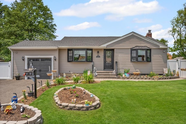 220 Farhan Ln, North Babylon, NY 11703 - ranch-style home with a garage, a gate, a chimney, and roof with shingles