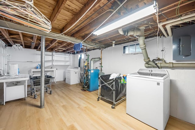 220 Farhan Ln, North Babylon, NY 11703 - below grade area with electric panel, a heating unit, wood finished floors, and independent washer and dryer