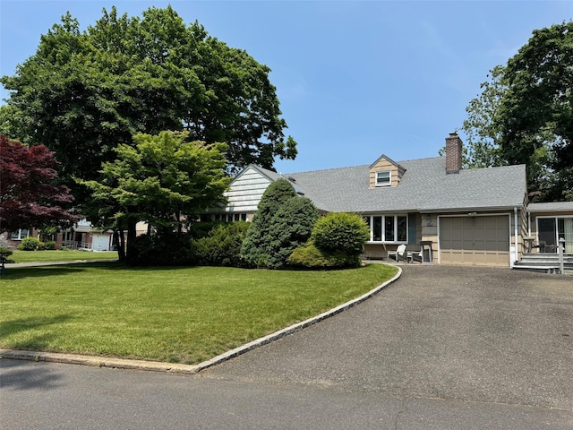 2 Dale Carnegie Ct, Lake Success, NY 11020 - view of front of house featuring an attached garage, a chimney, a front yard, driveway, and roof with shingles