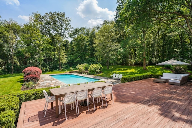 792-820 Old Post Rd, Bedford, NY 10506 - outdoor pool featuring a deck, outdoor dining space, and a yard