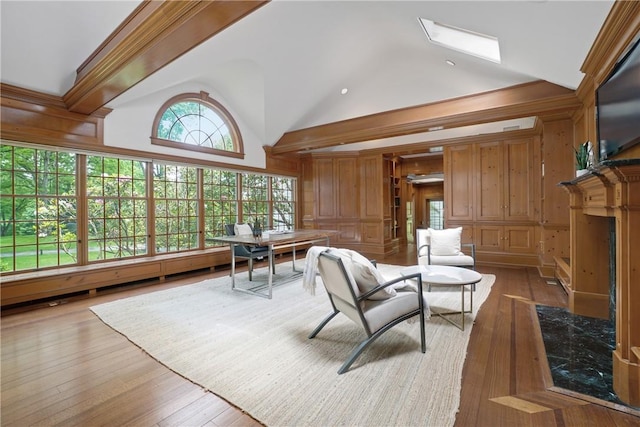 792-820 Old Post Rd, Bedford, NY 10506 - living room with lofted ceiling, a desk, hardwood / wood-style floors, and wooden walls