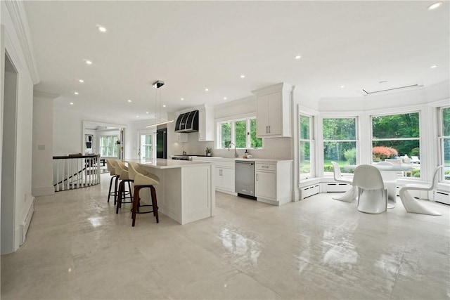 792-820 Old Post Rd, Bedford, NY 10506 - kitchen featuring dishwasher, exhaust hood, a kitchen island, white cabinets, and recessed lighting