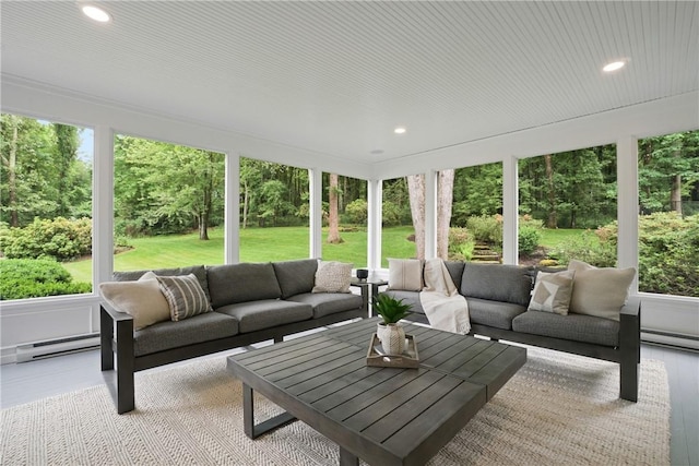 792-820 Old Post Rd, Bedford, NY 10506 - sunroom with an outdoor hangout area, a baseboard heating unit, recessed lighting, and wood finished floors